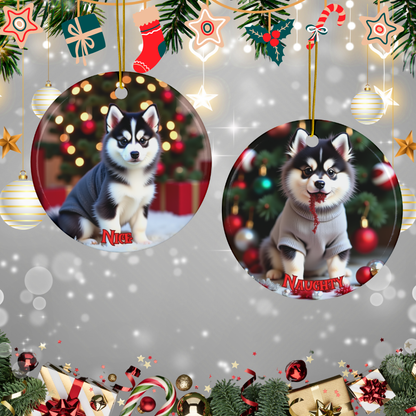 Pomsky Naughty or Nice Dual Sided Christmas Ornament