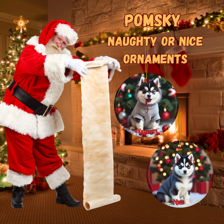 Pomsky Naughty or Nice Dual Sided Christmas Ornament