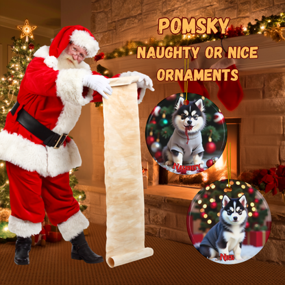 Pomsky Naughty or Nice Dual Sided Christmas Ornament