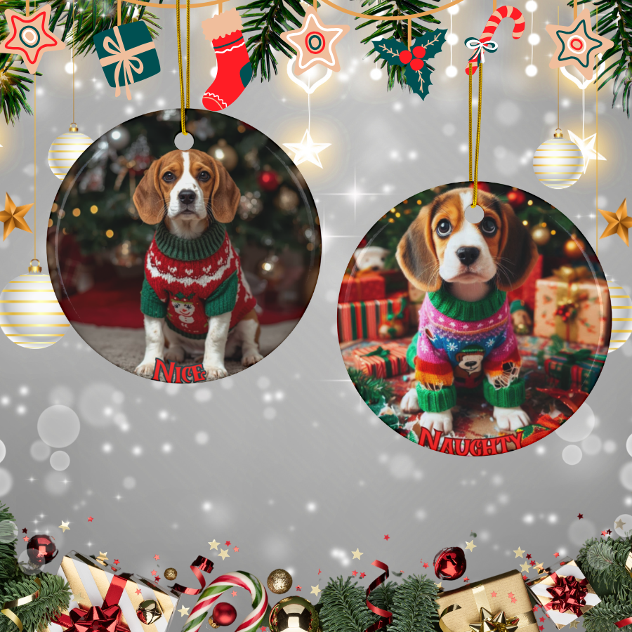 Beagle Naughty or Nice Dual Sided Christmas Ornament