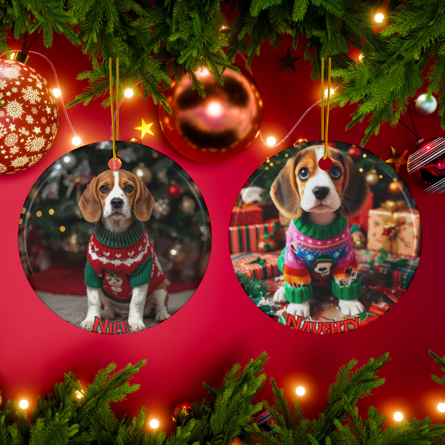 Beagle Naughty or Nice Dual Sided Christmas Ornament