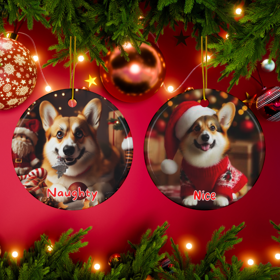 Corgi Naughty or Nice Dual Sided Christmas Ornament