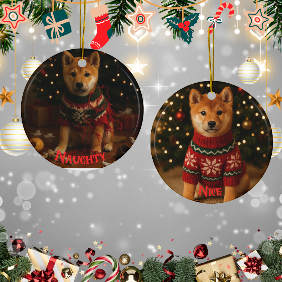 Shiba Inu Naughty or Nice Dual Sided Christmas Ornament