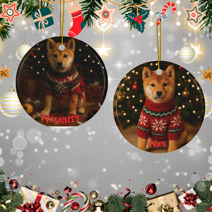 Shiba Inu Naughty or Nice Dual Sided Christmas Ornament