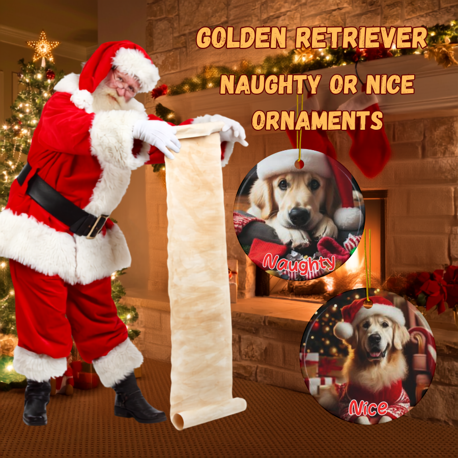 Golden Retriever Naughty or Nice Dual Sided Christmas Ornament
