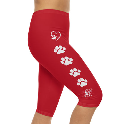 Beagle Paw Prints Capri Leggings in Red and White