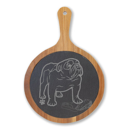 Bulldog Engraved Slate & Acacia Wood Charcuterie Board with Cheese Knives