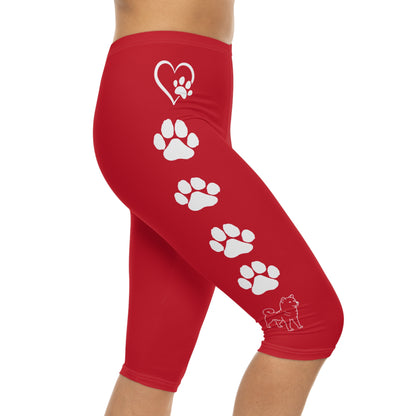 Paw Prints and Hearts Shiba Inu Capri Leggings Red with White