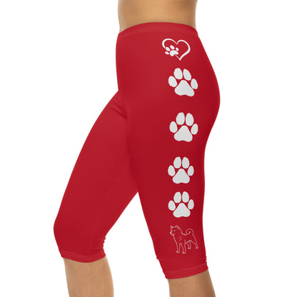 Paw Prints and Hearts Shiba Inu Capri Leggings Red with White