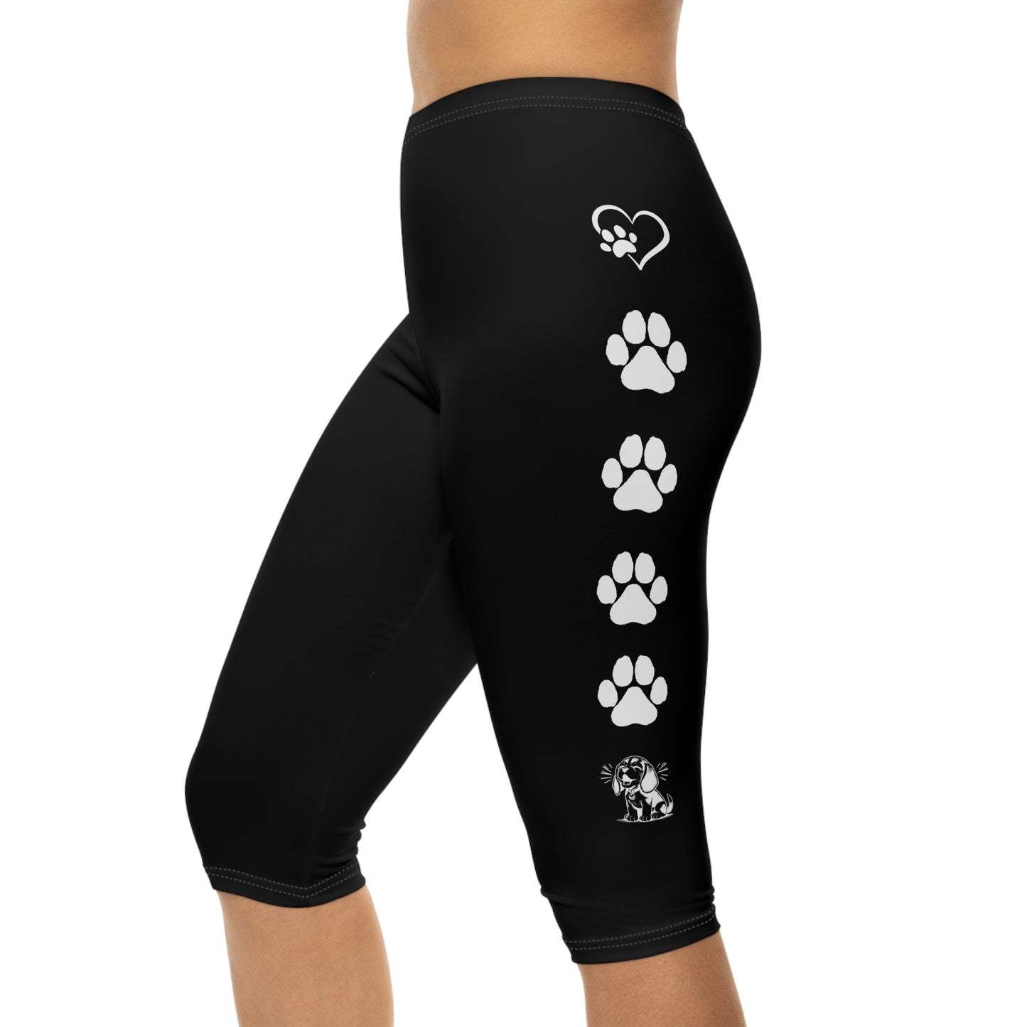Beagle Hearts and Paw Prints Black Capri Leggings (White Accent)