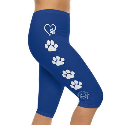 Paw Prints and Hearts Doodle Capri Leggings Blue and White