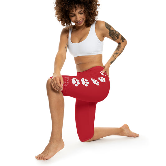 Paw Prints and Hearts Shiba Inu Capri Leggings Red with White