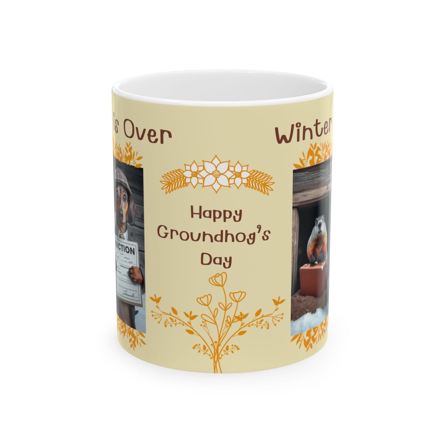 Whimsical Groundhog & Dachshund Mug - Winter Officially Ended!