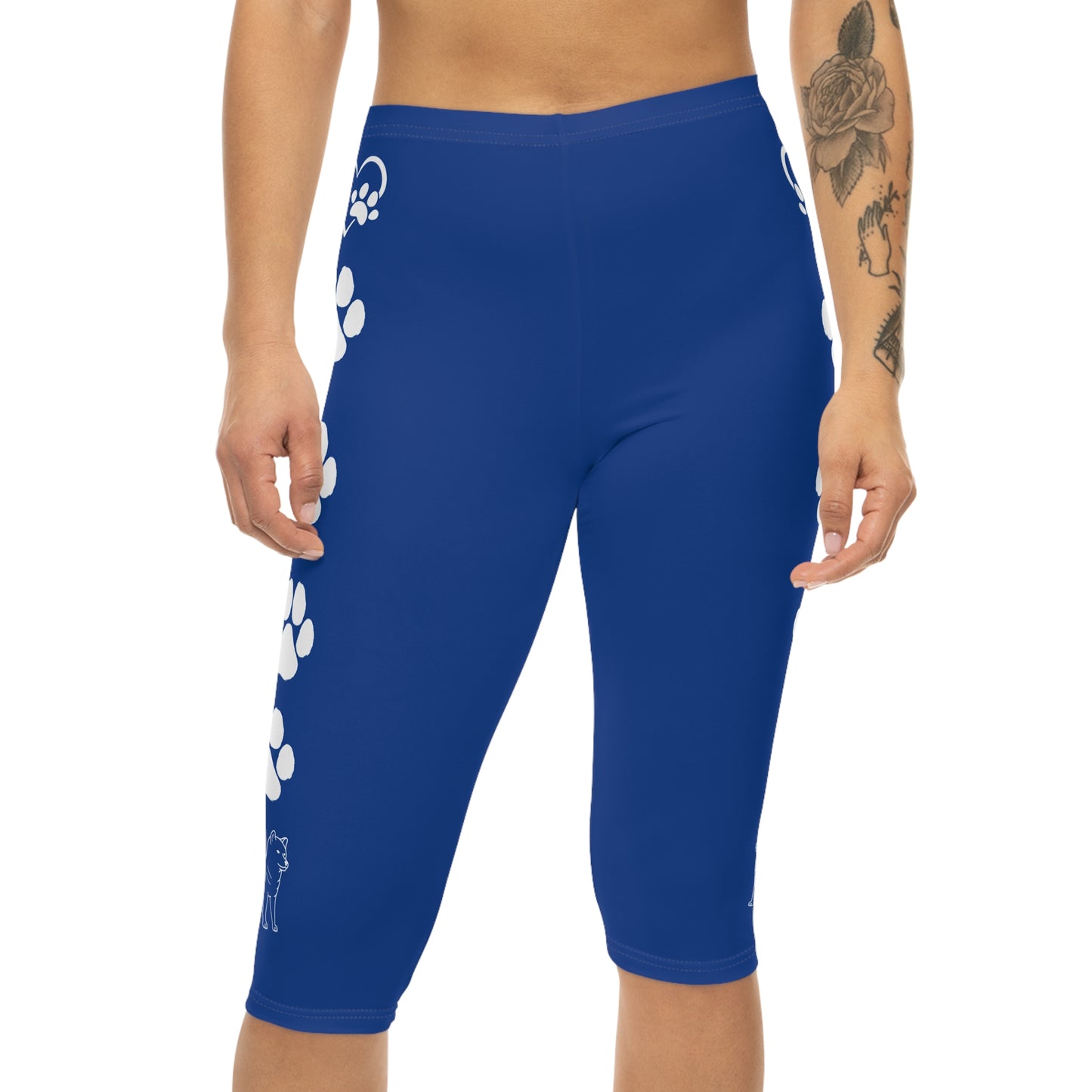 Paw Prints and Hearts Shiba Inu Capri Leggings Blue with White