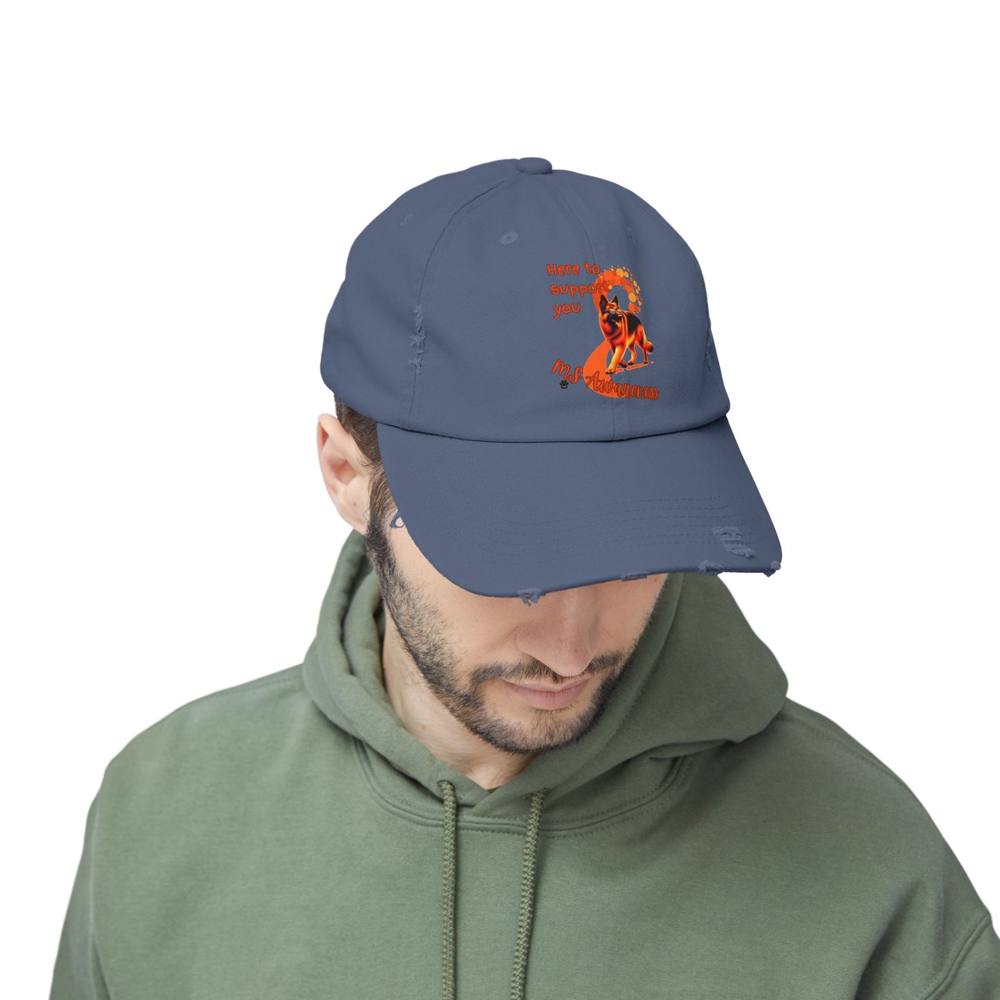 German Shepherd MS Awareness Distressed Cap - "Here to Support You" Mobility Service Dog Baseball Hat