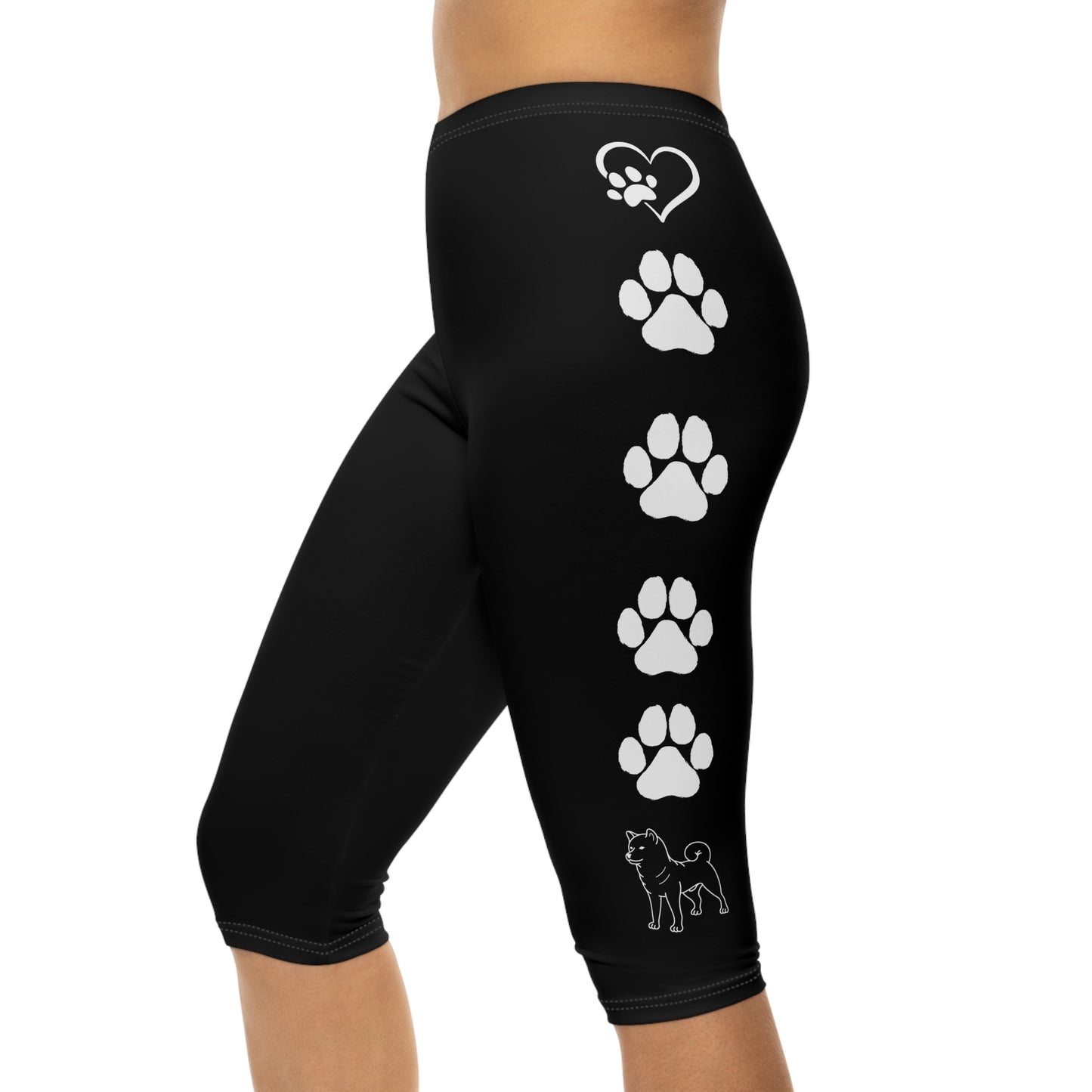 Paw Prints and Hearts Shiba Inu Capri Leggings Black with White