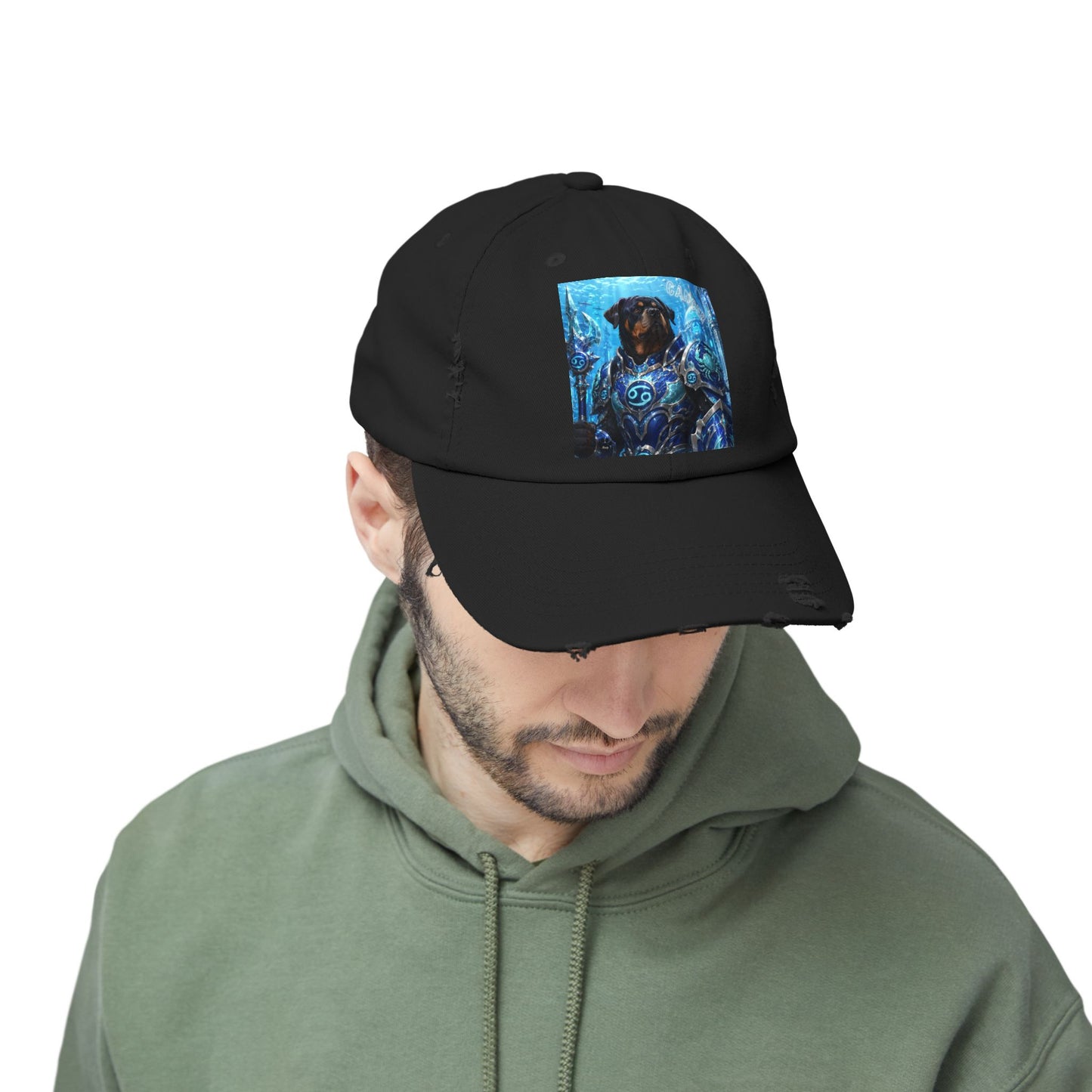 Cancer Zodiac Rottweiler Distressed Cap – Mythic Neptune Knight Abyssal Dog Art Baseball Hat