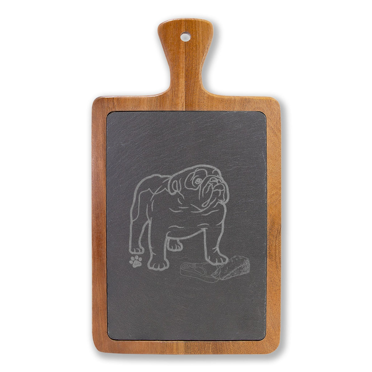 Bulldog Engraved Slate & Acacia Wood Charcuterie Board with Cheese Knives