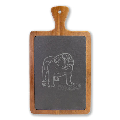 Bulldog Engraved Slate & Acacia Wood Charcuterie Board with Cheese Knives