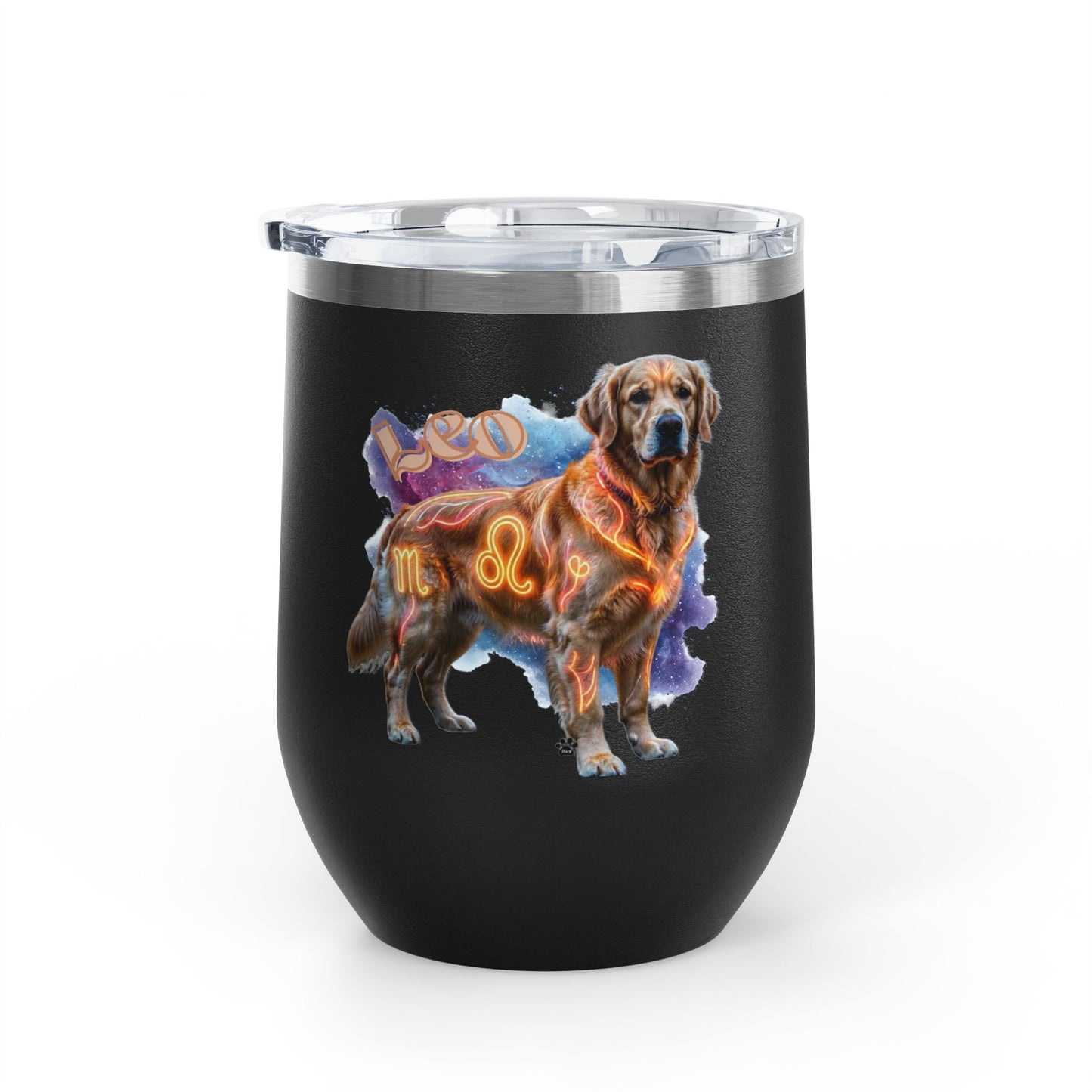 Leo Zodiac Golden Retriever Wine Tumbler – 12oz Insulated Stainless Steel Stemless Cup & Dog Lover Gift