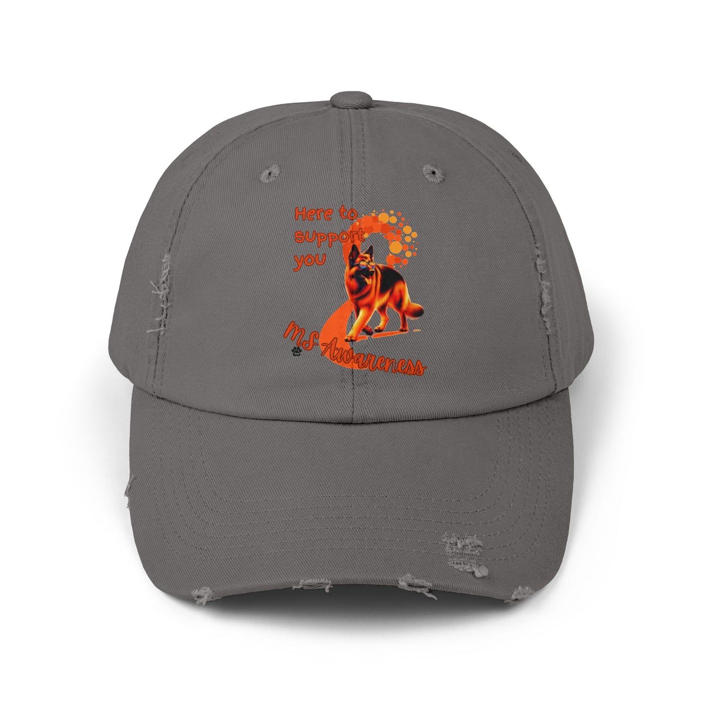 German Shepherd MS Awareness Distressed Cap - "Here to Support You" Mobility Service Dog Baseball Hat