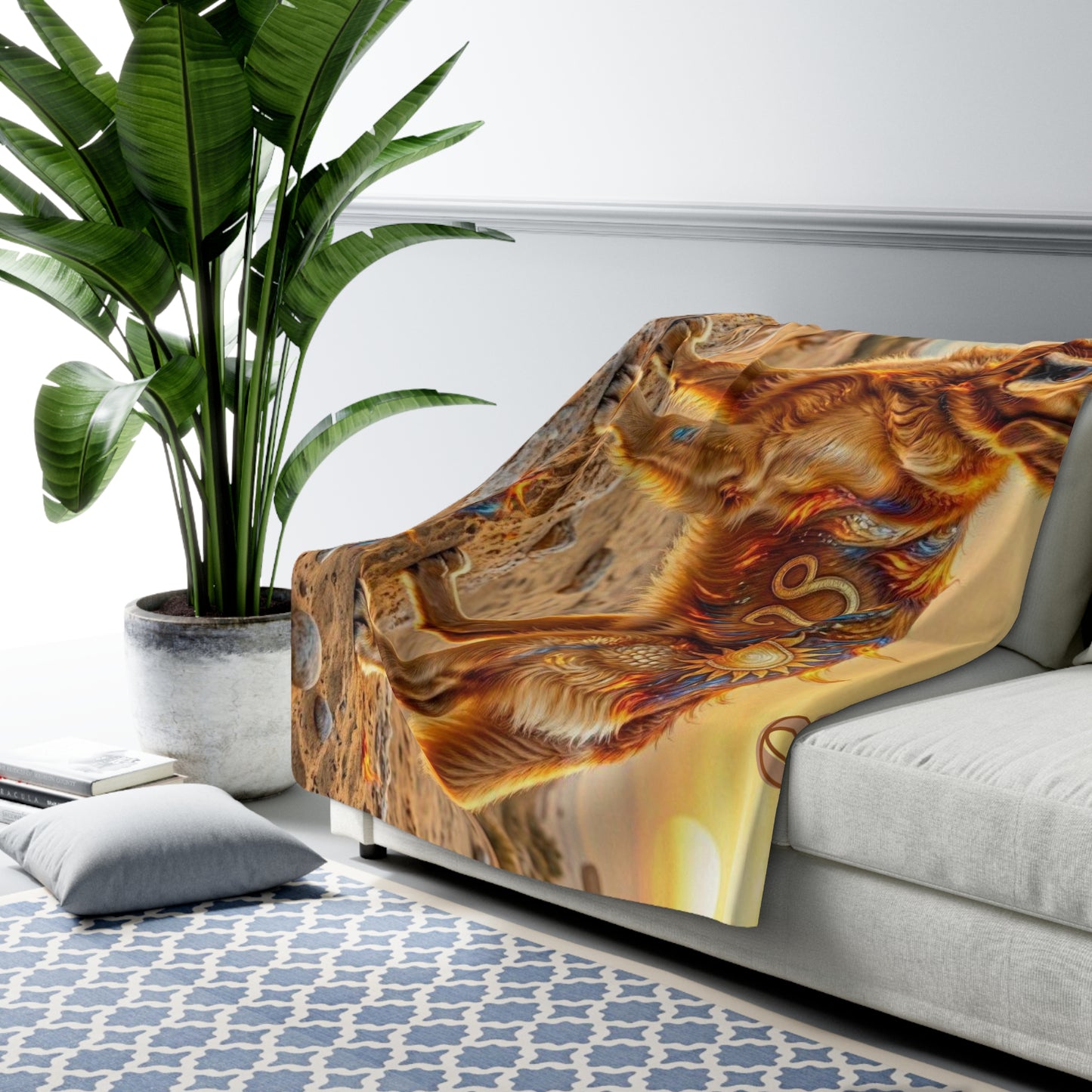 Leo Elemental Golden Retriever Sherpa Blanket | Fire Zodiac Dog Fleece Throw | Warm Cozy Dog Lover Gift | Astrology Bed & Couch Throw