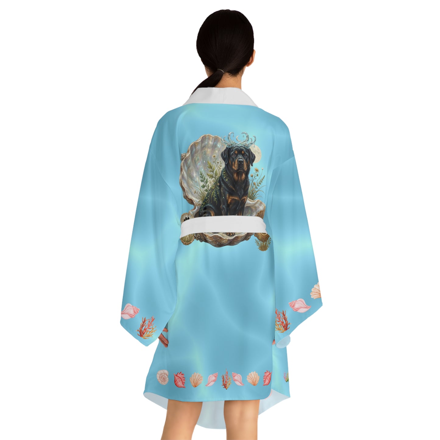 Luxury Cancer Zodiac Rottweiler Kimono Robe - All Over Print Fluid Aqua Water Elements Spa Loungewear