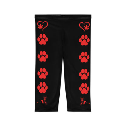 Paws and Hearts German Shepherd Women’s Capri Leggings. Black and Red