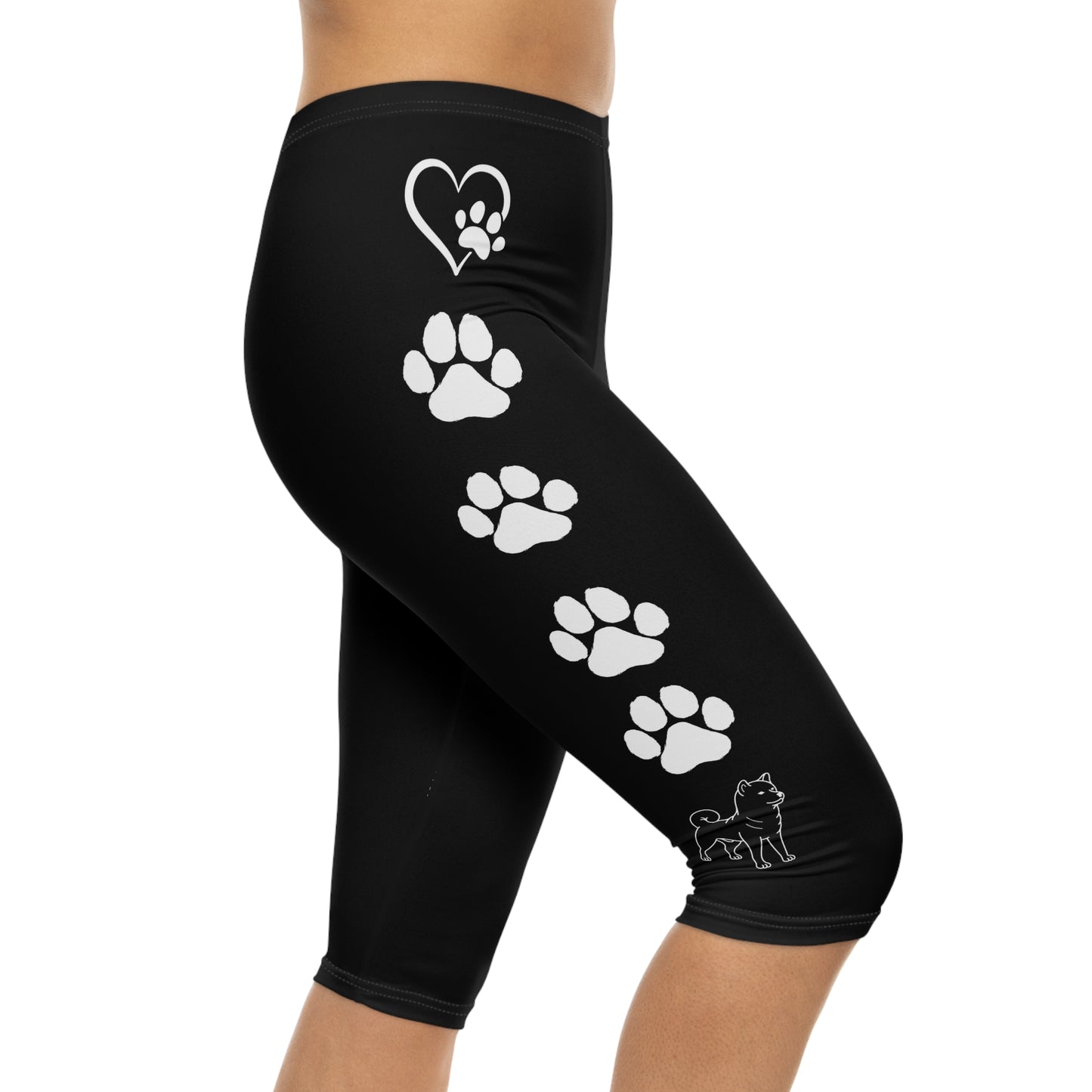 Paw Prints and Hearts Shiba Inu Capri Leggings Black with White
