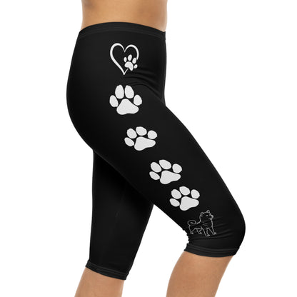 Paw Prints and Hearts Shiba Inu Capri Leggings Black with White