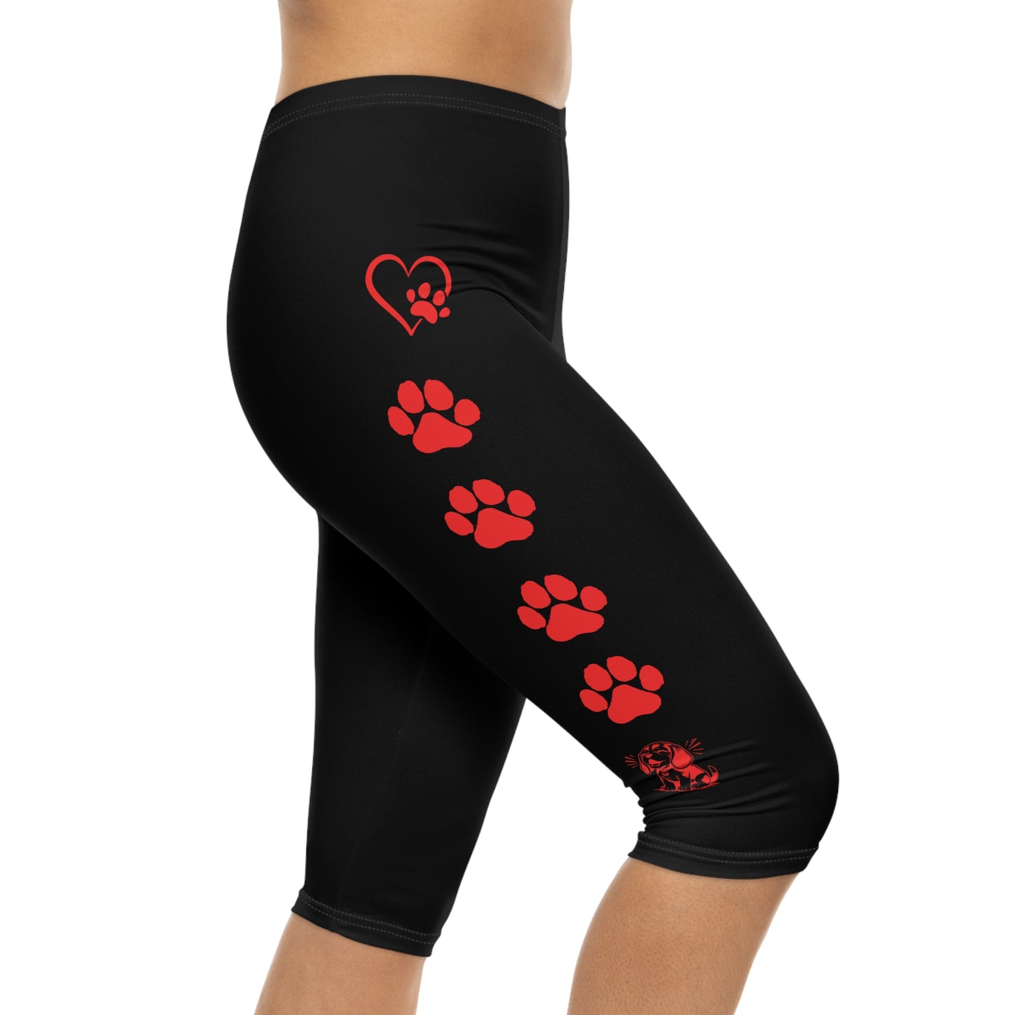 Paw Print and Beagle Capri Leggings Black and Red
