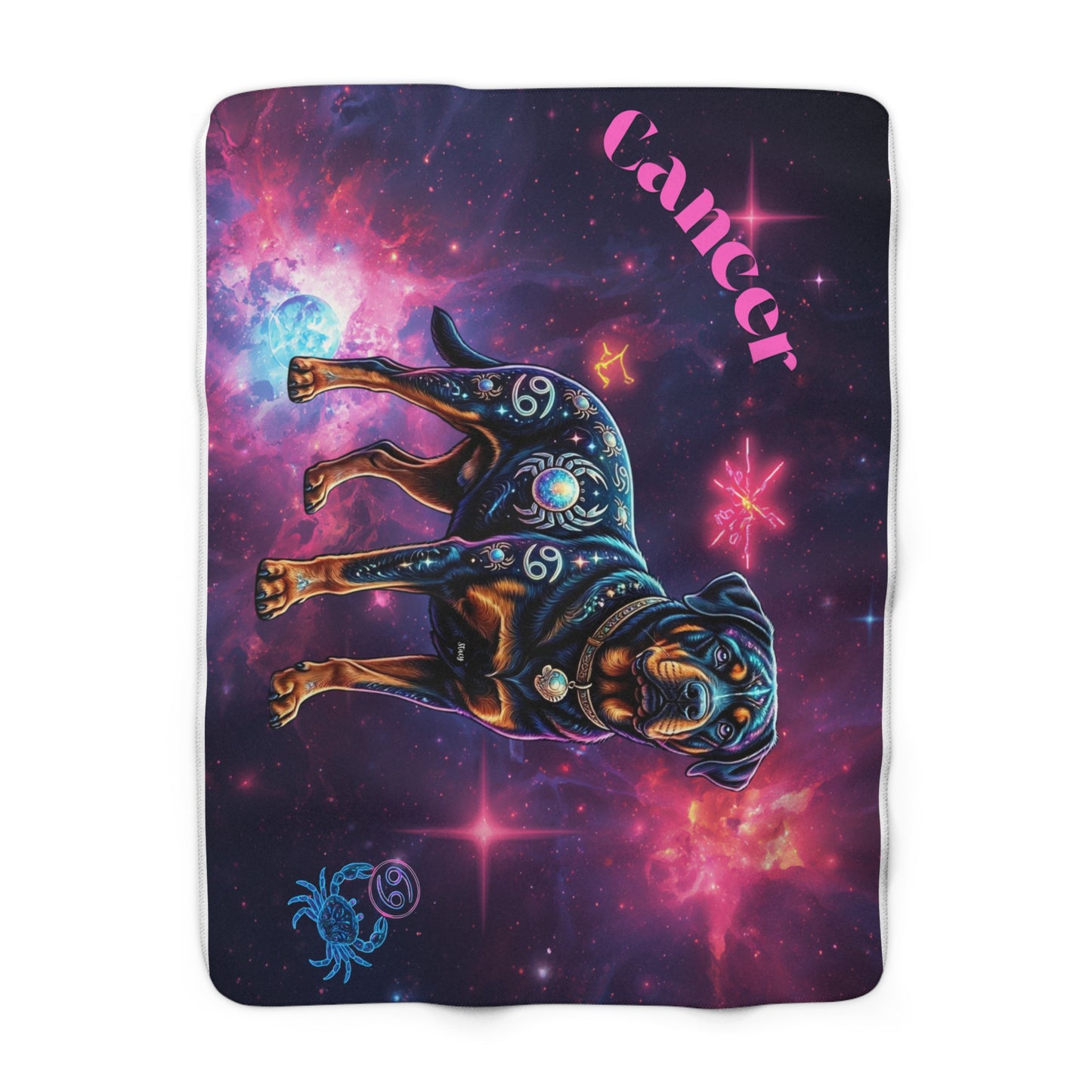 Celestial Cancer Zodiac Rottweiler Sherpa Fleece Blanket | Cosmic Dog Throw