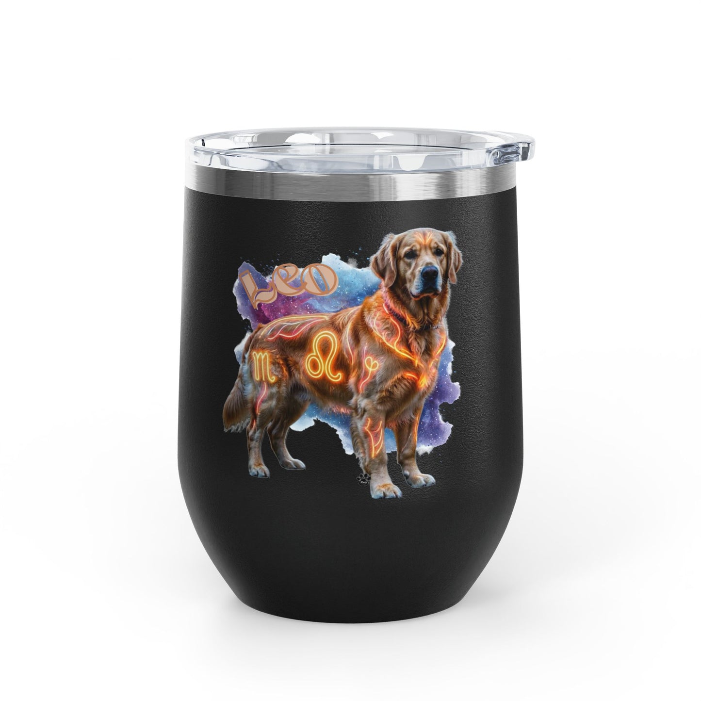 Leo Zodiac Golden Retriever Wine Tumbler – 12oz Insulated Stainless Steel Stemless Cup & Dog Lover Gift