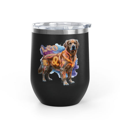 Leo Zodiac Golden Retriever Wine Tumbler – 12oz Insulated Stainless Steel Stemless Cup & Dog Lover Gift