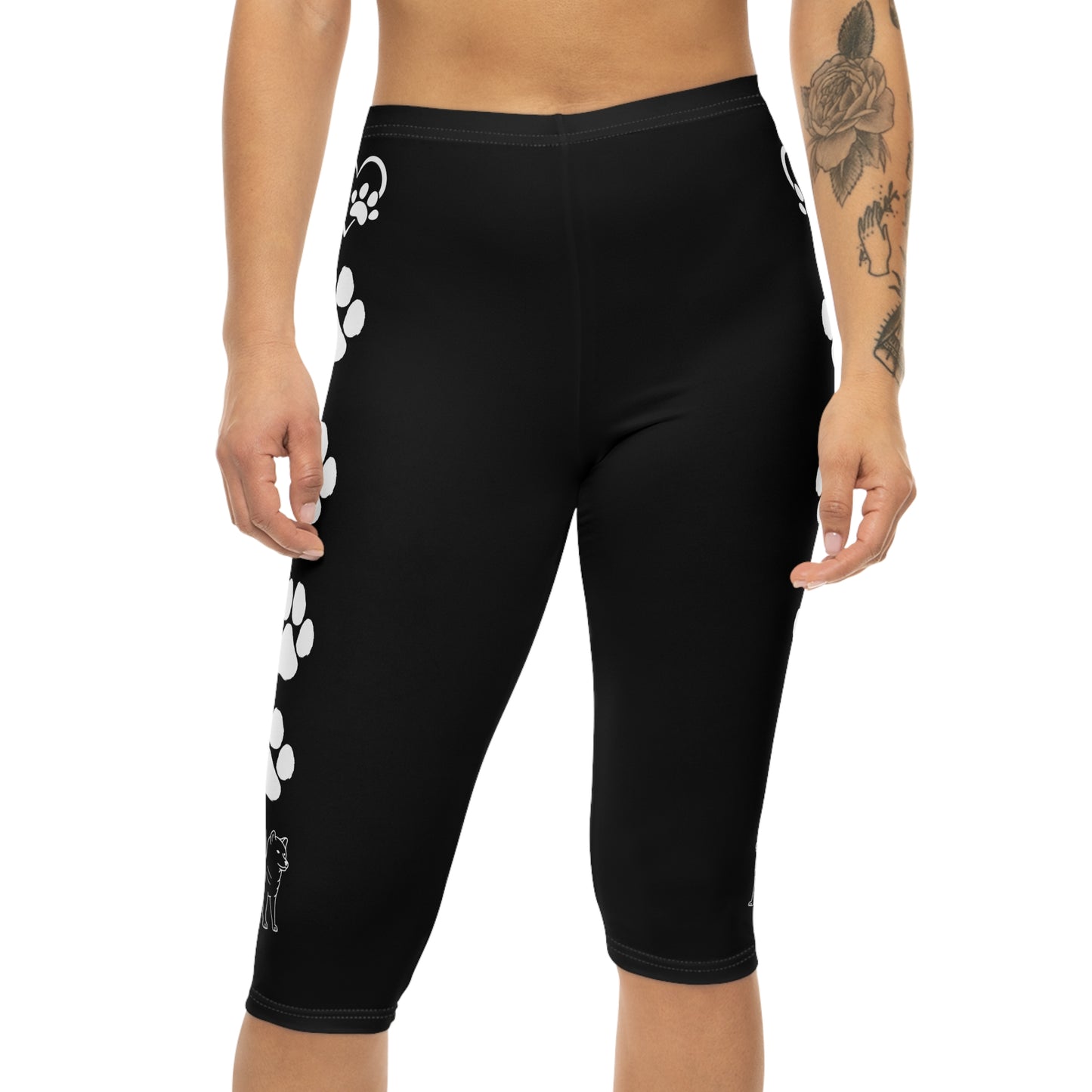 Paw Prints and Hearts Shiba Inu Capri Leggings Black with White