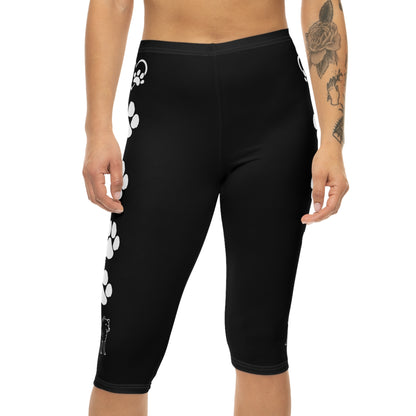 Paw Prints and Hearts Shiba Inu Capri Leggings Black with White