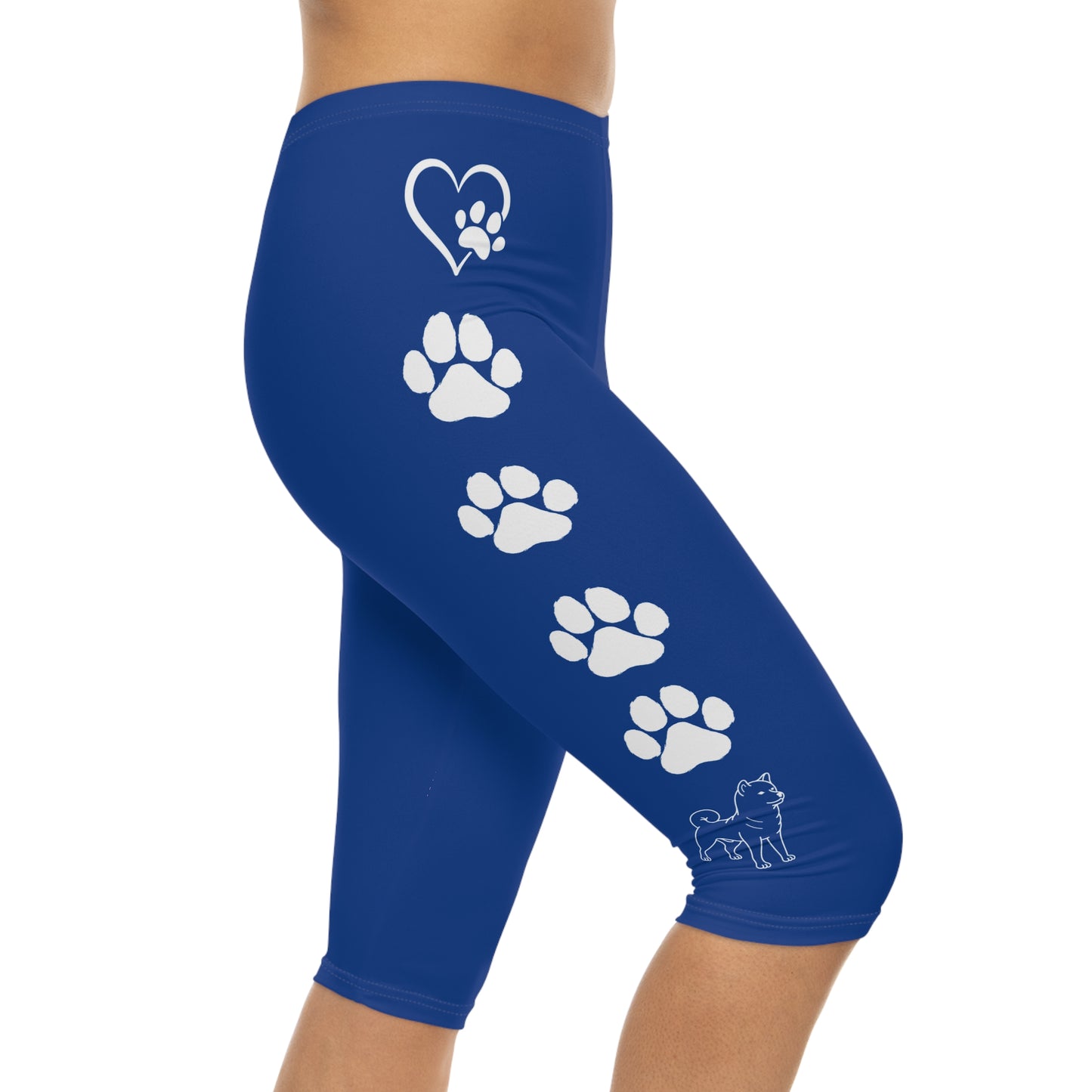 Paw Prints and Hearts Shiba Inu Capri Leggings Blue with White