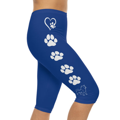 Paw Prints and Hearts Shiba Inu Capri Leggings Blue with White