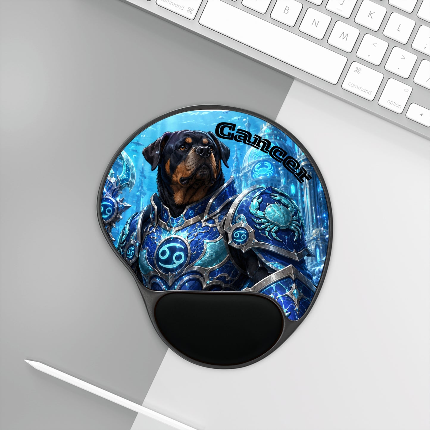 Cancer Zodiac Rottweiler Ergonomic Mouse Pad – Mythic Neptune Knight Abyssal Dog Art Wrist Support Desk Mat