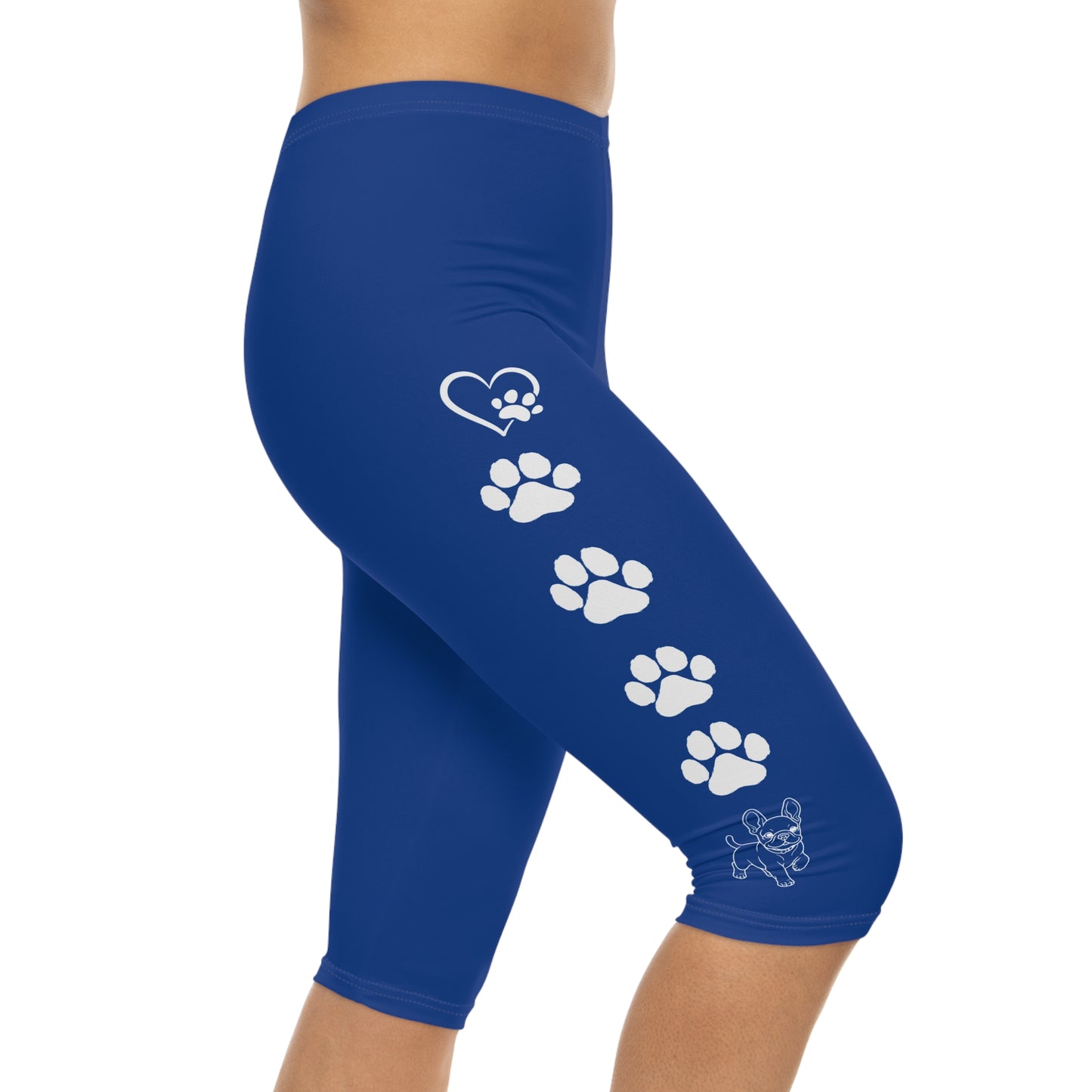 Paws and Hearts French Bulldog Capri Leggings Blue and White