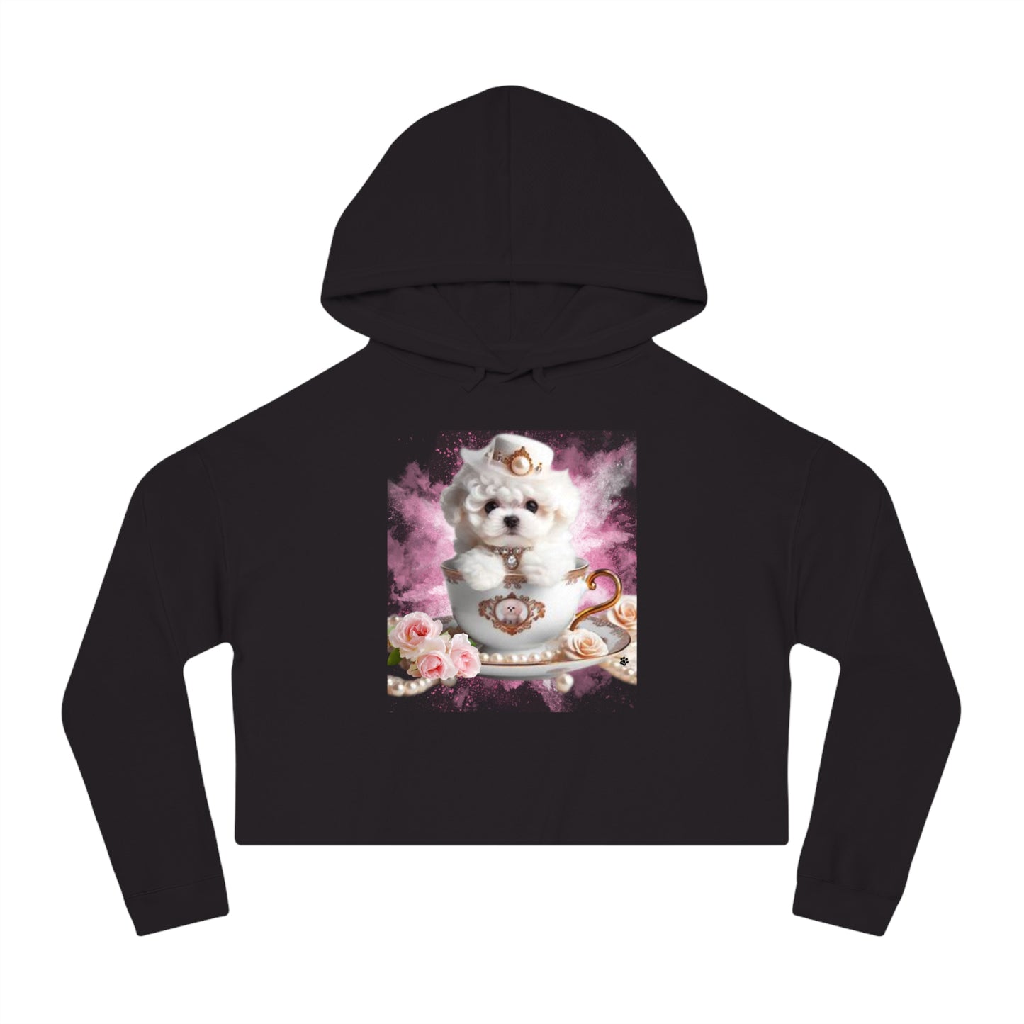 Too Cute Bichon Frise Teacup Puppy Women’s Cropped Hooded Sweatshirt