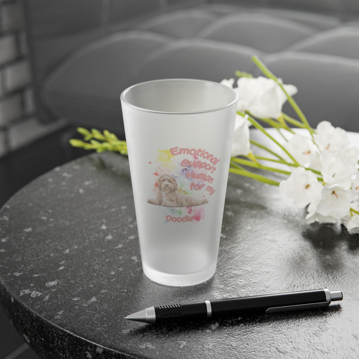 Emotional Support Human for mu Doodle Dog Frosted Pint Glass