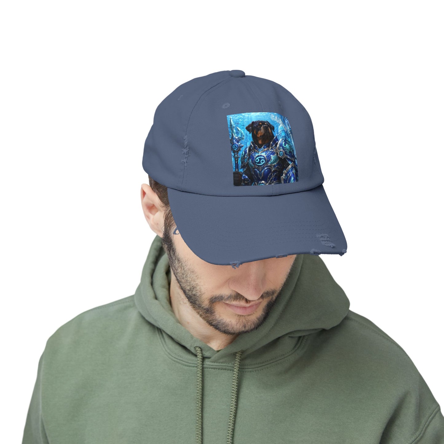 Cancer Zodiac Rottweiler Distressed Cap – Mythic Neptune Knight Abyssal Dog Art Baseball Hat