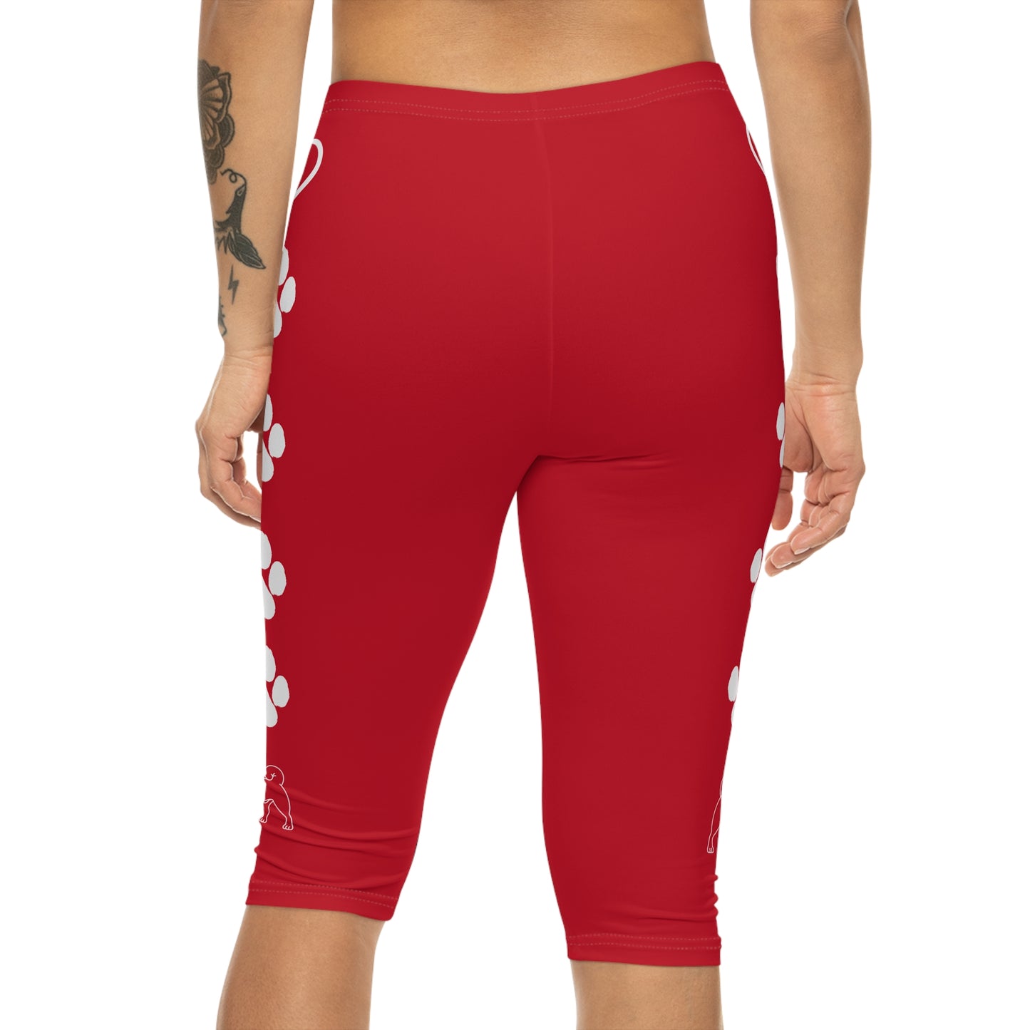 Paw Prints and Hearts Shiba Inu Capri Leggings Red with White