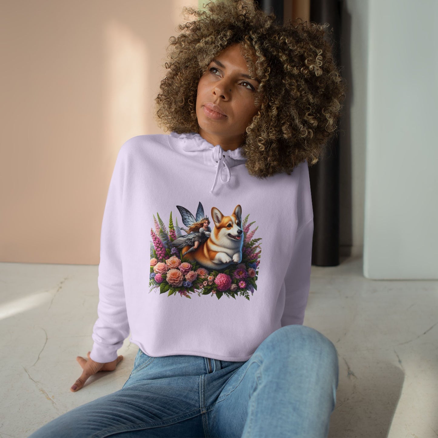 Corgi Fairytale Cropped Hoodie — Floral Dog Graphic Crop Sweatshirt