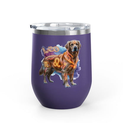 Leo Zodiac Golden Retriever Wine Tumbler – 12oz Insulated Stainless Steel Stemless Cup & Dog Lover Gift