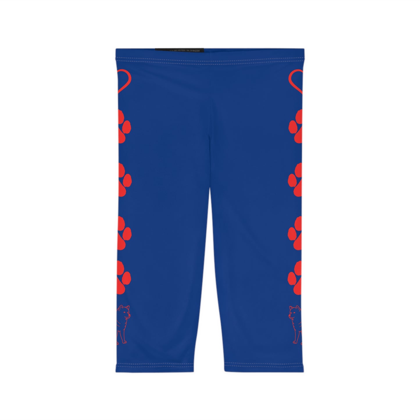 Paw Prints and Hearts Shiba Inu Capri Leggings Blue with Red