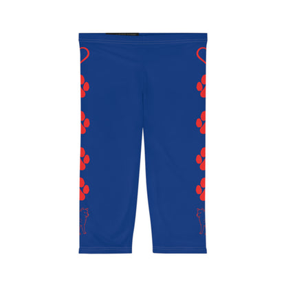 Paw Prints and Hearts Shiba Inu Capri Leggings Blue with Red