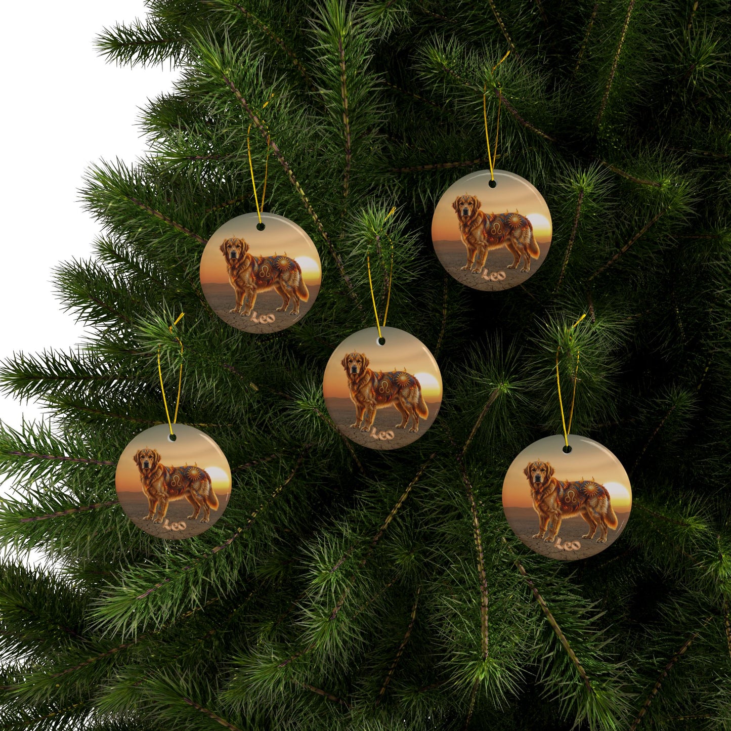 Leo Elements Golden Retriever Ceramic Ornament | 2-Sided Fire Zodiac Dog Christmas Ornament | Astrology Pet Memorial Keepsake | Golden Mom Gift