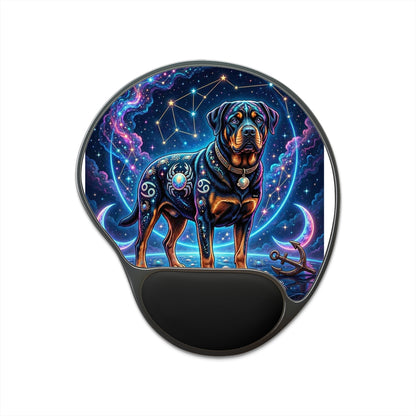 Celestial Cancer Zodiac Rottweiler Mouse Pad with Wrist Rest | Cosmic Dog Art Desk Mat